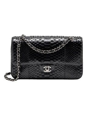 CHANEL Black Quilted Python Flap Shoulder Bag with Silver Hardware